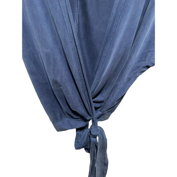 YFB Womens Large Top Blouse Blue V Neck Wrap Woven L/S Collar Cupro Spandex - Picture 5 of 9